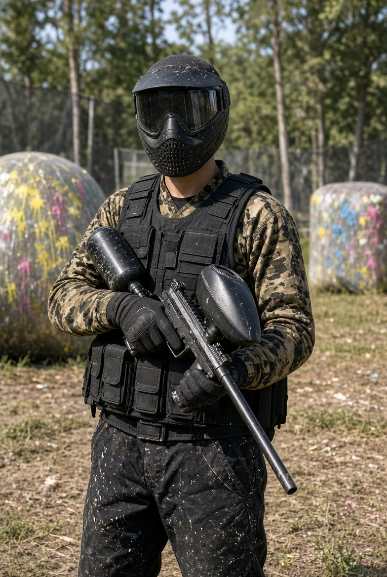 Paintball player in full mask